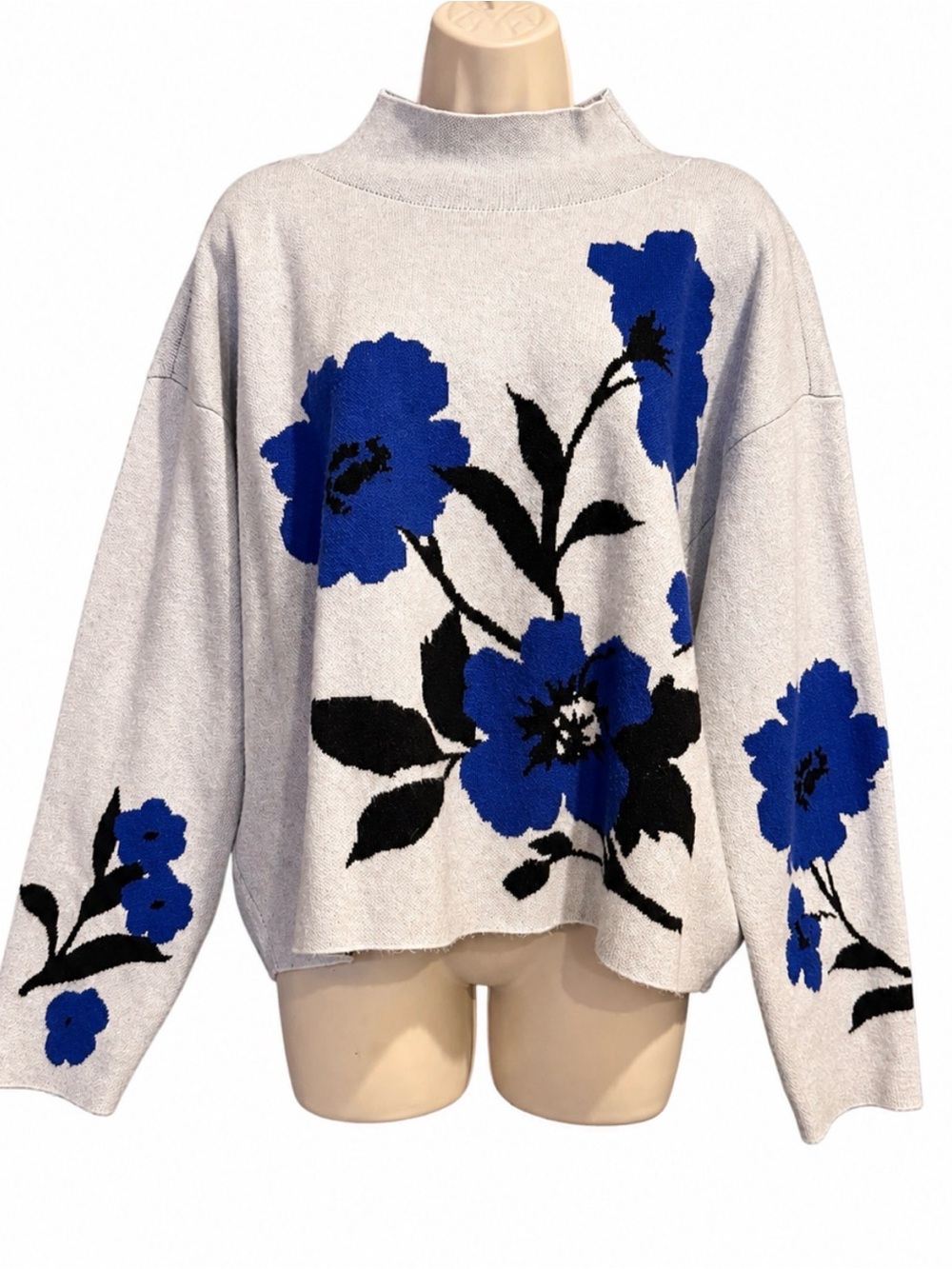Maeve Anthropologie Blue Floral Sweater XL Mock Neck Cropped Oversized